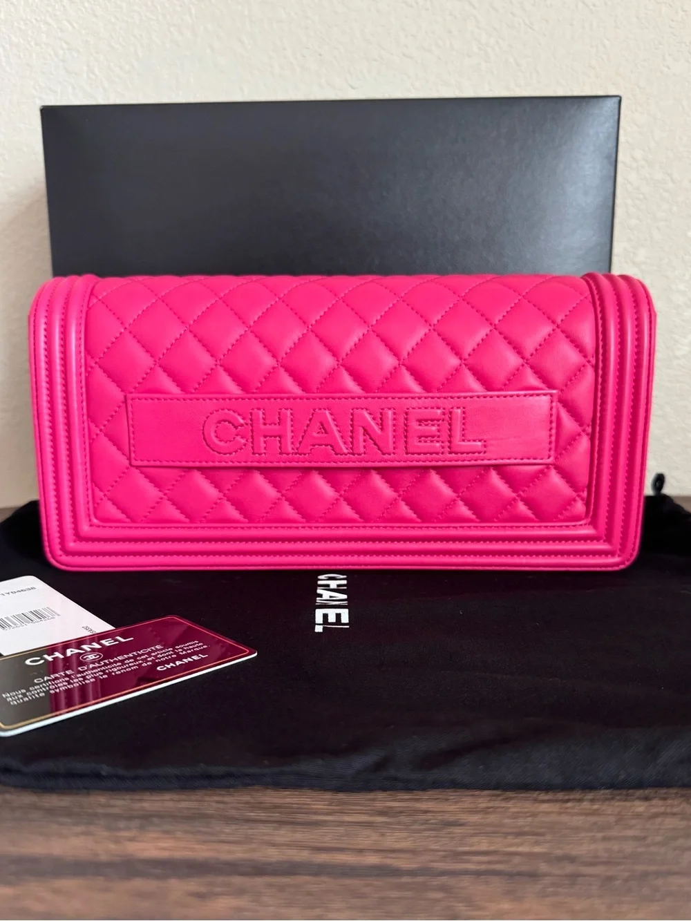 NEW CHANEL Large Quilted Lambskin Leather Boy Clutch